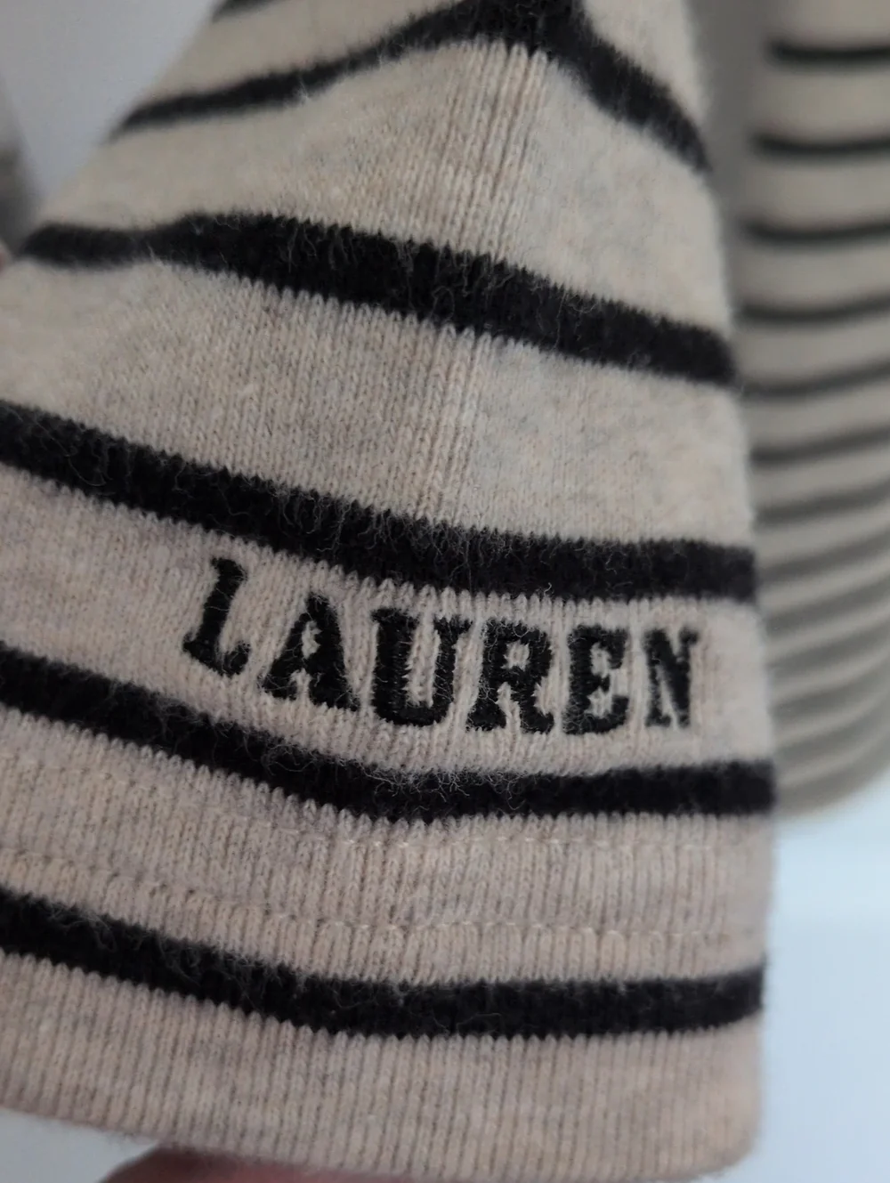 Lauren Ralph Lauren Oatmeal & Black Striped 3/4 Sleeve Boat Neck Top - L